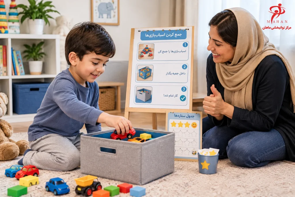 استفاده از راهنمای تصویری و جدول ستاره‌ها برای تشویق کودک به جمع‌کردن اسباب‌بازی‌ها و افزایش استقلال در خانه به عنوان کاردرمانی بیش فعالی در خانه