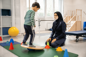 تمرین تعادل و هماهنگی حرکتی کودک در کاردرمانی مرکز توانبخشی ماهان تهران