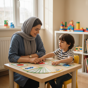 تقویت درک و بیان زبان کودک با کارت‌های تصویری در گفتاردرمانی مرکز ماهان تهران